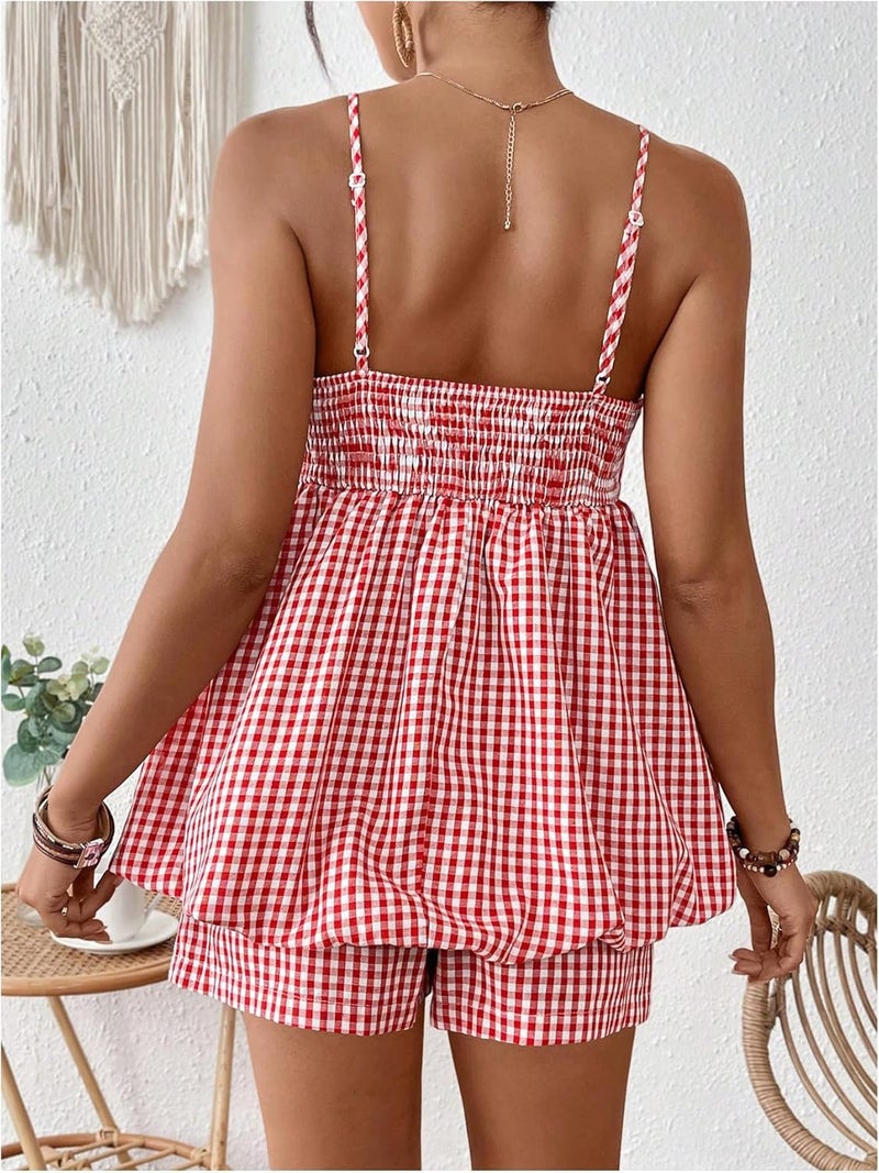 SweatyRocks Women's Maternity 2 Piece Outfits Plaid Peplum Bubble Cami Top and Shorts Sets - Image 3
